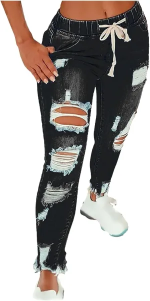 Women's Skinny Ripped Tapered Jeans Mid Rise Distressed Stretchy Denim Pants Slim Tummy Control Denim Leggings with Pockets