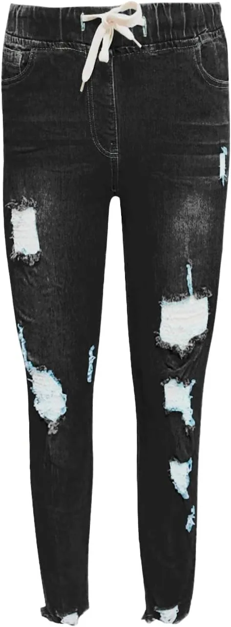 Women's Skinny Ripped Tapered Jeans Mid Rise Distressed Stretchy Denim Pants Slim Tummy Control Denim Leggings with Pockets