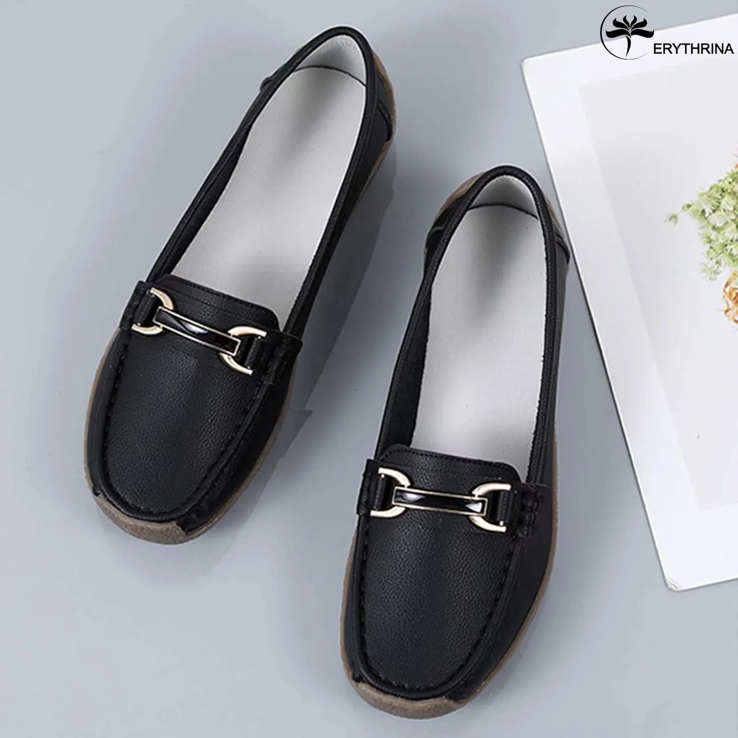 Women's Slip On Flats Loafers Leather Moccasins Walking Shoes Driving Penny Loafer with Anti-Slip Rubber Sole