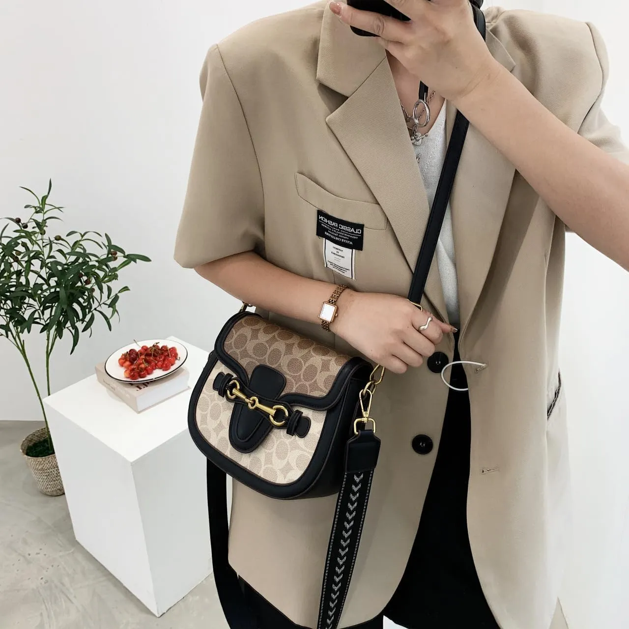 Women's Small Crossbody Bags with Golden Buckle Artificial Leather Purse Handbag in Fashionable Design