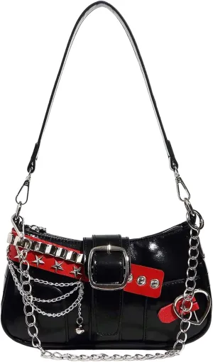 Women's Star Studded Chain Shoulder Handbags Color Block PU Leather Y2K Underarm Bags Purse
