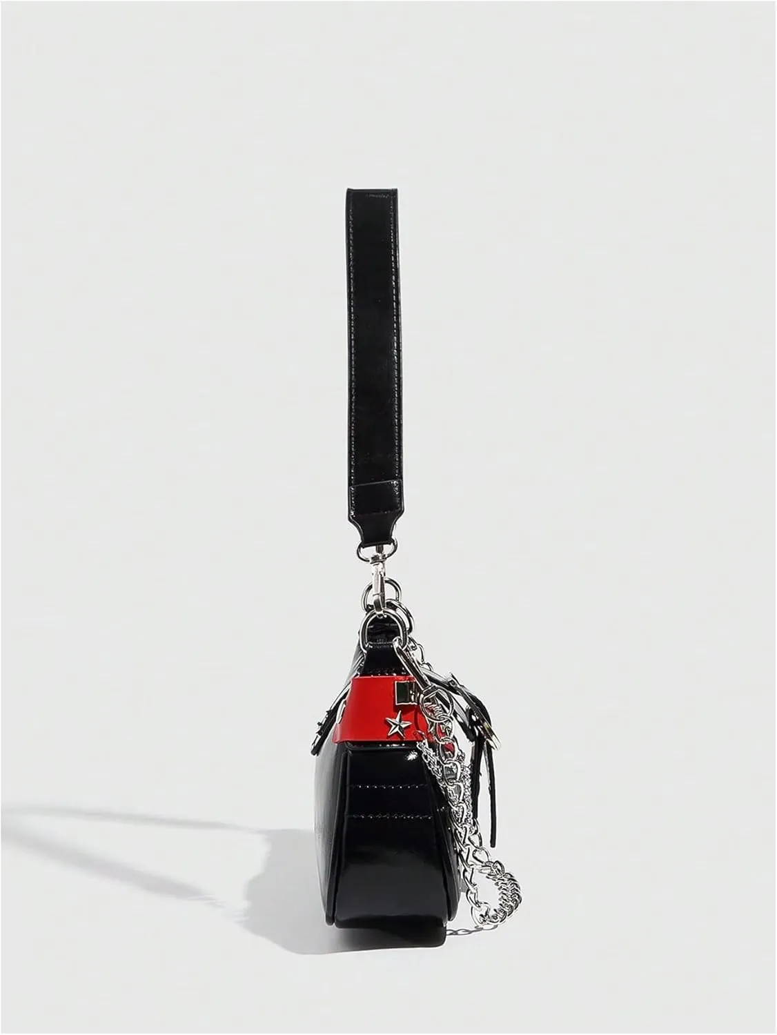 Women's Star Studded Chain Shoulder Handbags Color Block PU Leather Y2K Underarm Bags Purse