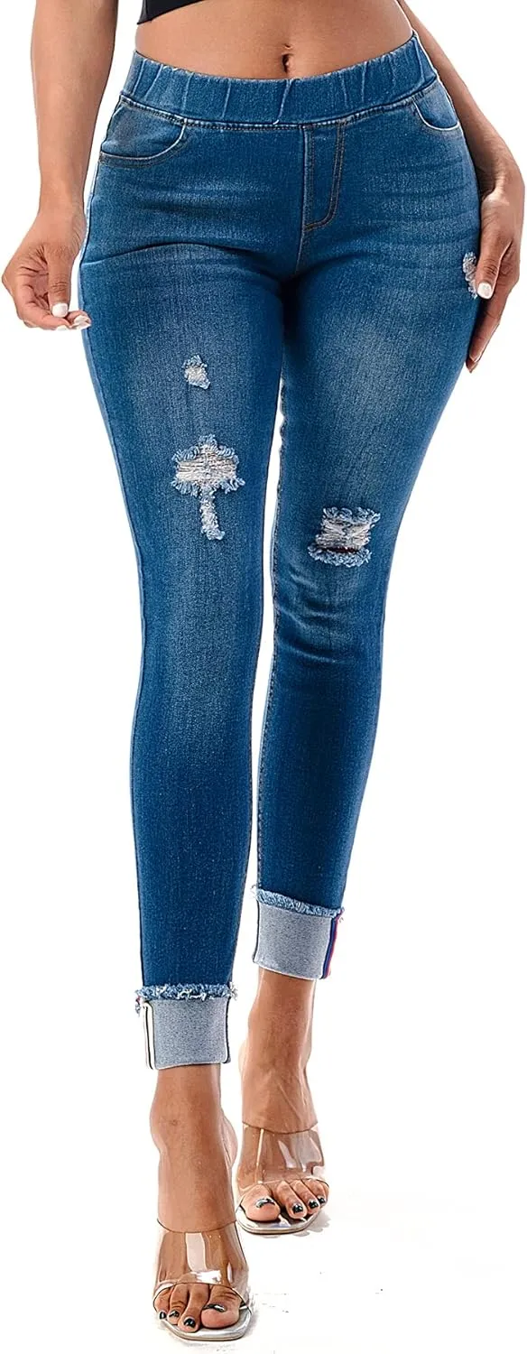 Women's Stretch Pull-On Jeans Skinny Ripped Distressed Denim Jeggings Regular-Plus Size