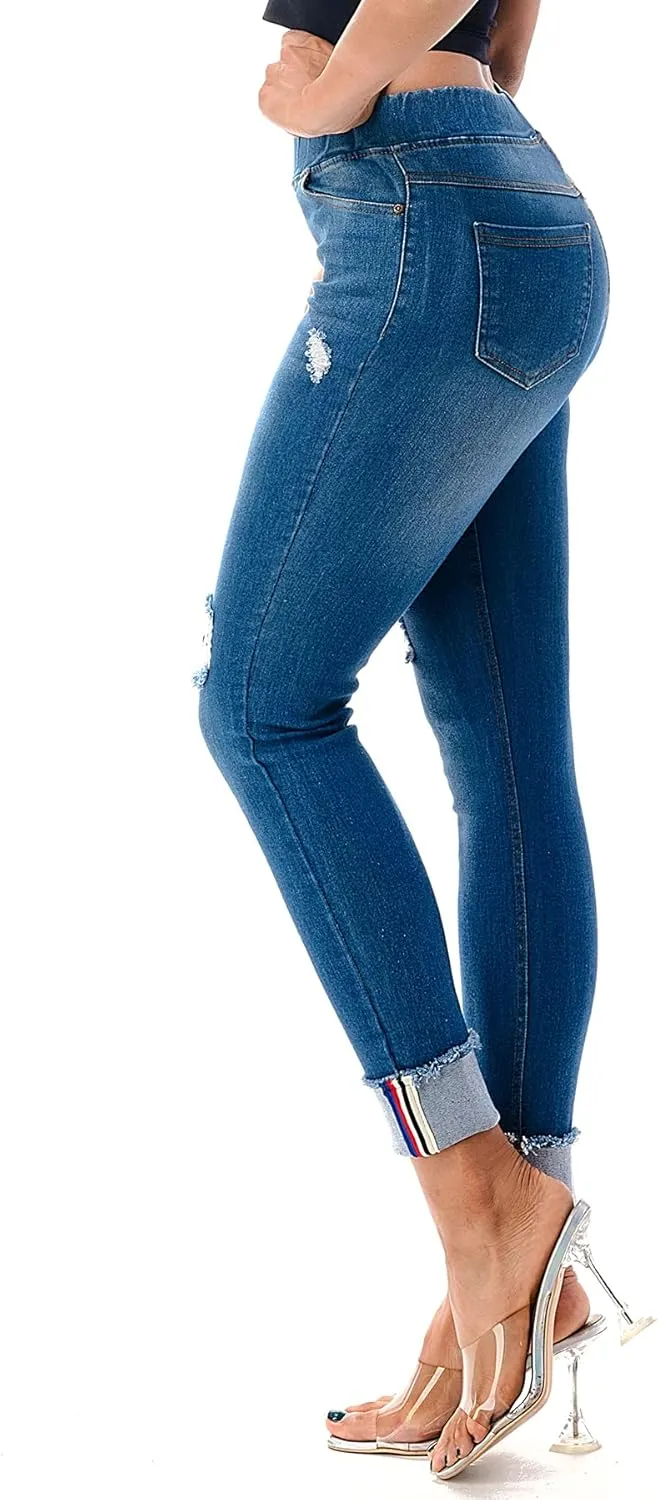 Women's Stretch Pull-On Jeans Skinny Ripped Distressed Denim Jeggings Regular-Plus Size