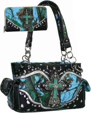 Women's Studded Cross Rhinestone Western Purse Wallet Matching Wallet