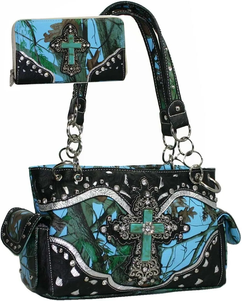 Women's Studded Cross Rhinestone Western Purse Wallet Matching Wallet