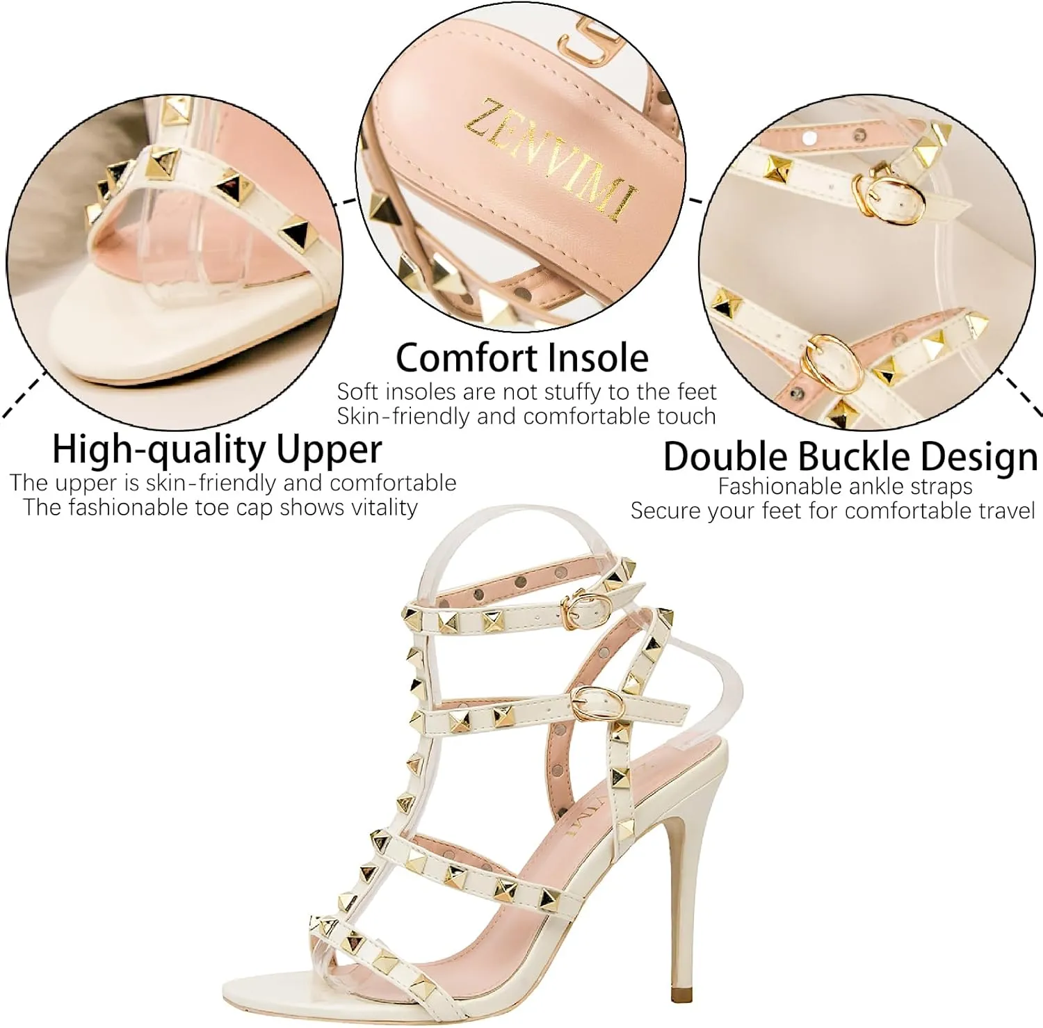 Women's Studded Strappy Leather Stiletto Heels Sandals with Adjustable Ankle Buckle Sexy Open Pointed Toe Fashion T-Strap Roman High Heel Pumps for Party Prom Dress Shoes