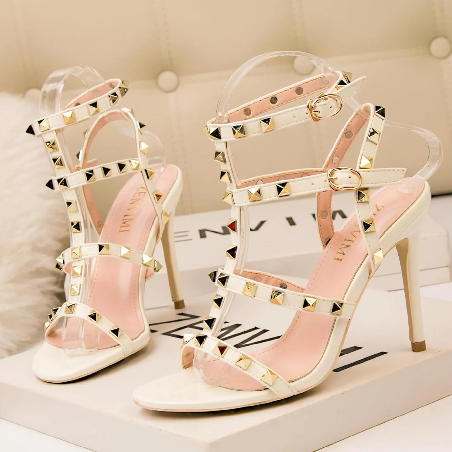 Women's Studded Strappy Leather Stiletto Heels Sandals with Adjustable Ankle Buckle Sexy Open Pointed Toe Fashion T-Strap Roman High Heel Pumps for Party Prom Dress Shoes