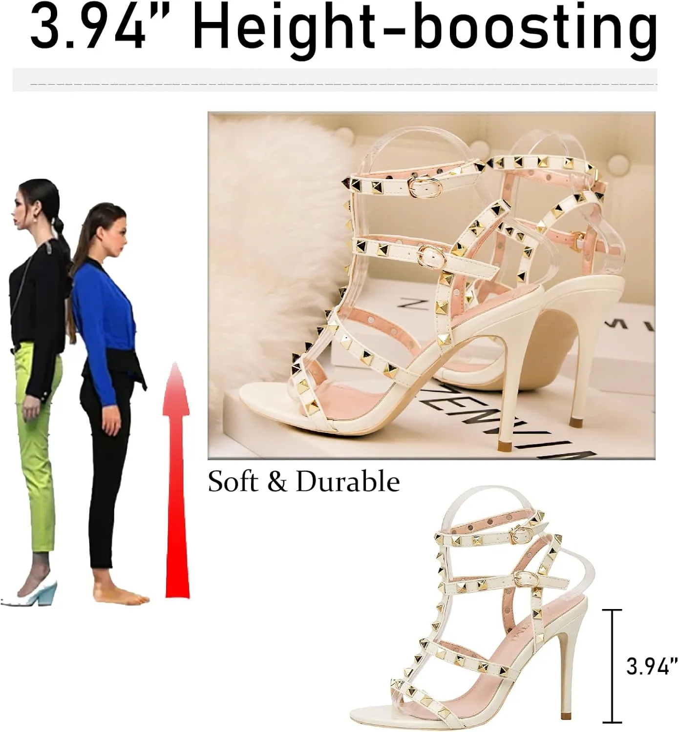 Women's Studded Strappy Leather Stiletto Heels Sandals with Adjustable Ankle Buckle Sexy Open Pointed Toe Fashion T-Strap Roman High Heel Pumps for Party Prom Dress Shoes