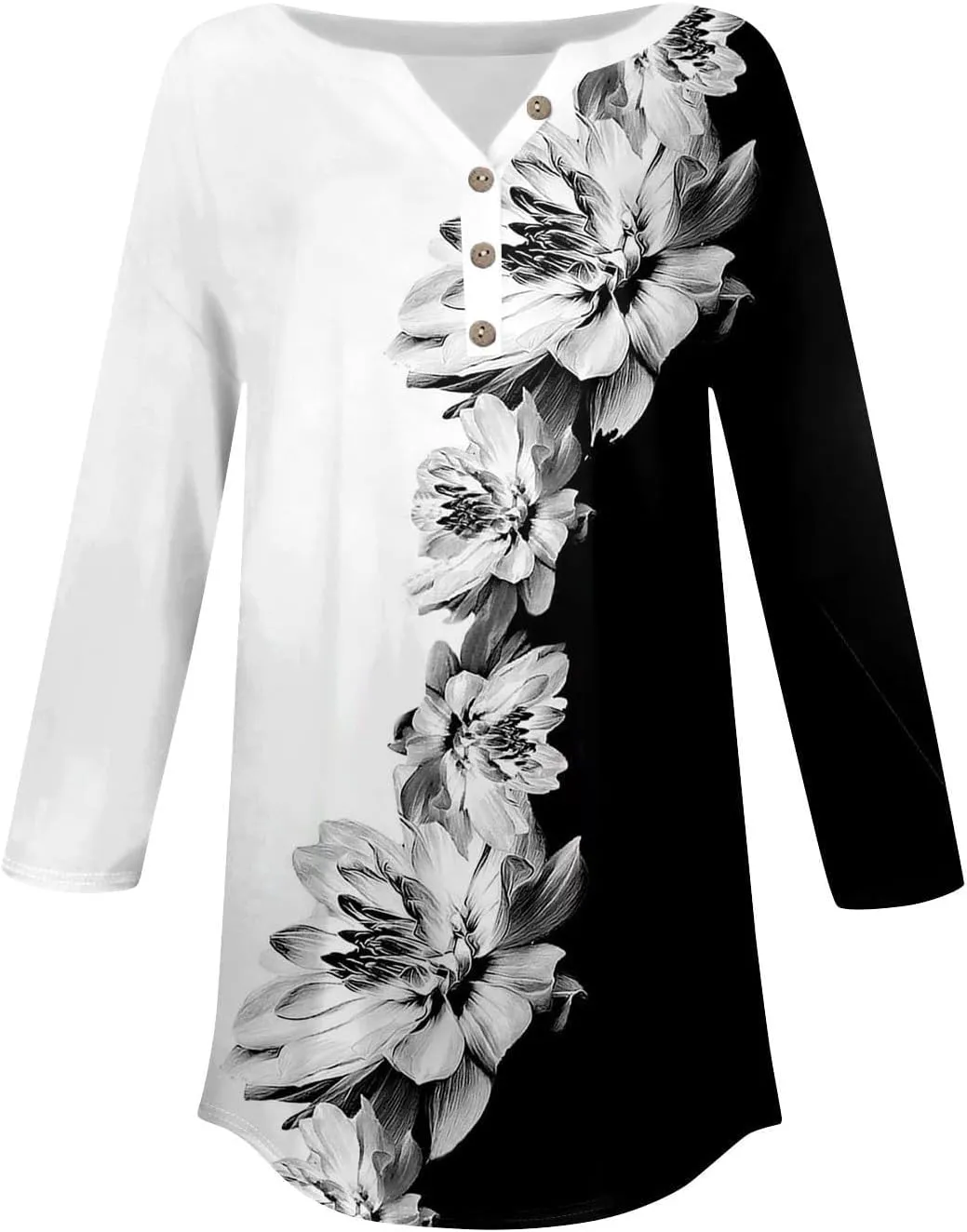 Women's Summer 3/4 Sleeve Tops Button V Neck Henley Shirts Boho Floral Printed Blouse Loose Fit Tees Casual Tshirts