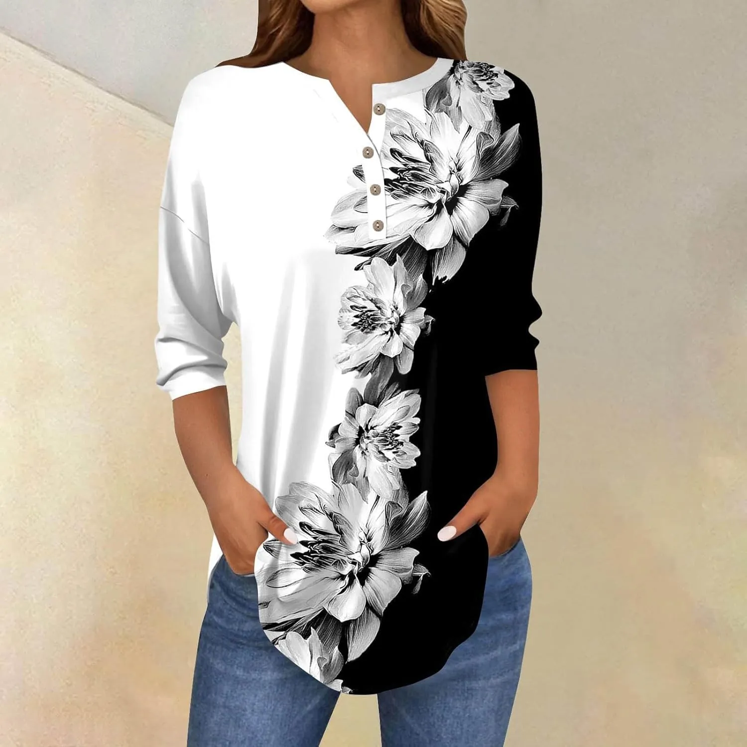 Women's Summer 3/4 Sleeve Tops Button V Neck Henley Shirts Boho Floral Printed Blouse Loose Fit Tees Casual Tshirts