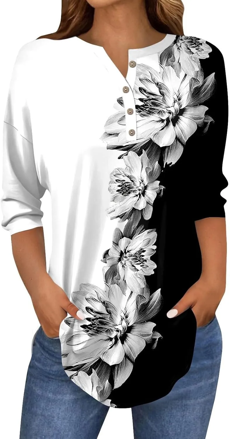 Women's Summer 3/4 Sleeve Tops Button V Neck Henley Shirts Boho Floral Printed Blouse Loose Fit Tees Casual Tshirts