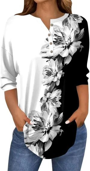 Women's Summer 3/4 Sleeve Tops Button V Neck Henley Shirts Boho Floral Printed Blouse Loose Fit Tees Casual Tshirts
