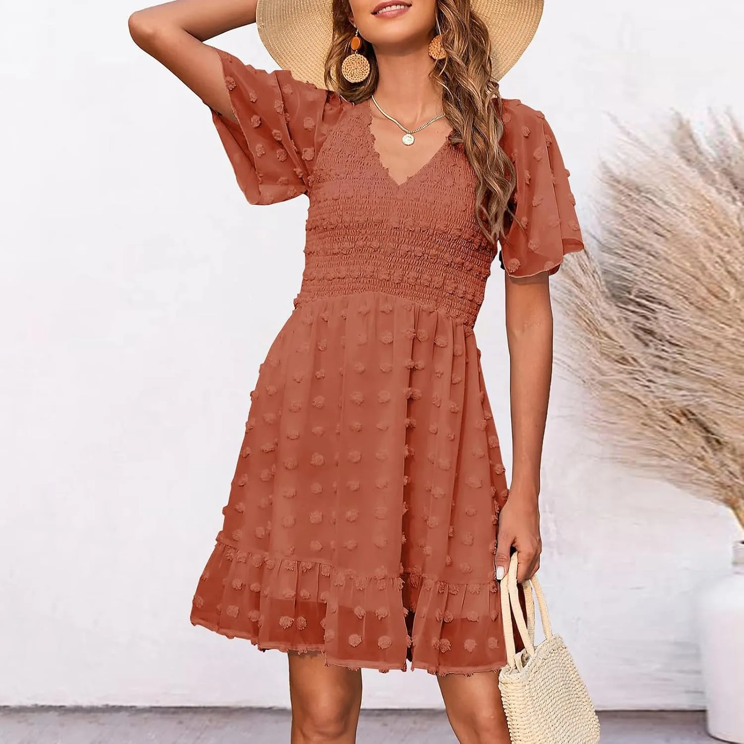 Womens Summer Dresses Short Flutter Sleeve v Neck Dresses Casual Empire Waist A-Line Dresses Mini Vacation Sundresses