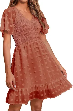 Womens Summer Dresses Short Flutter Sleeve v Neck Dresses Casual Empire Waist A-Line Dresses Mini Vacation Sundresses