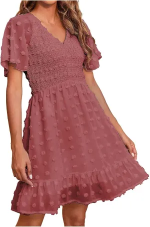 Womens Summer Dresses Short Flutter Sleeve v Neck Dresses Casual Empire Waist A-Line Dresses Mini Vacation Sundresses