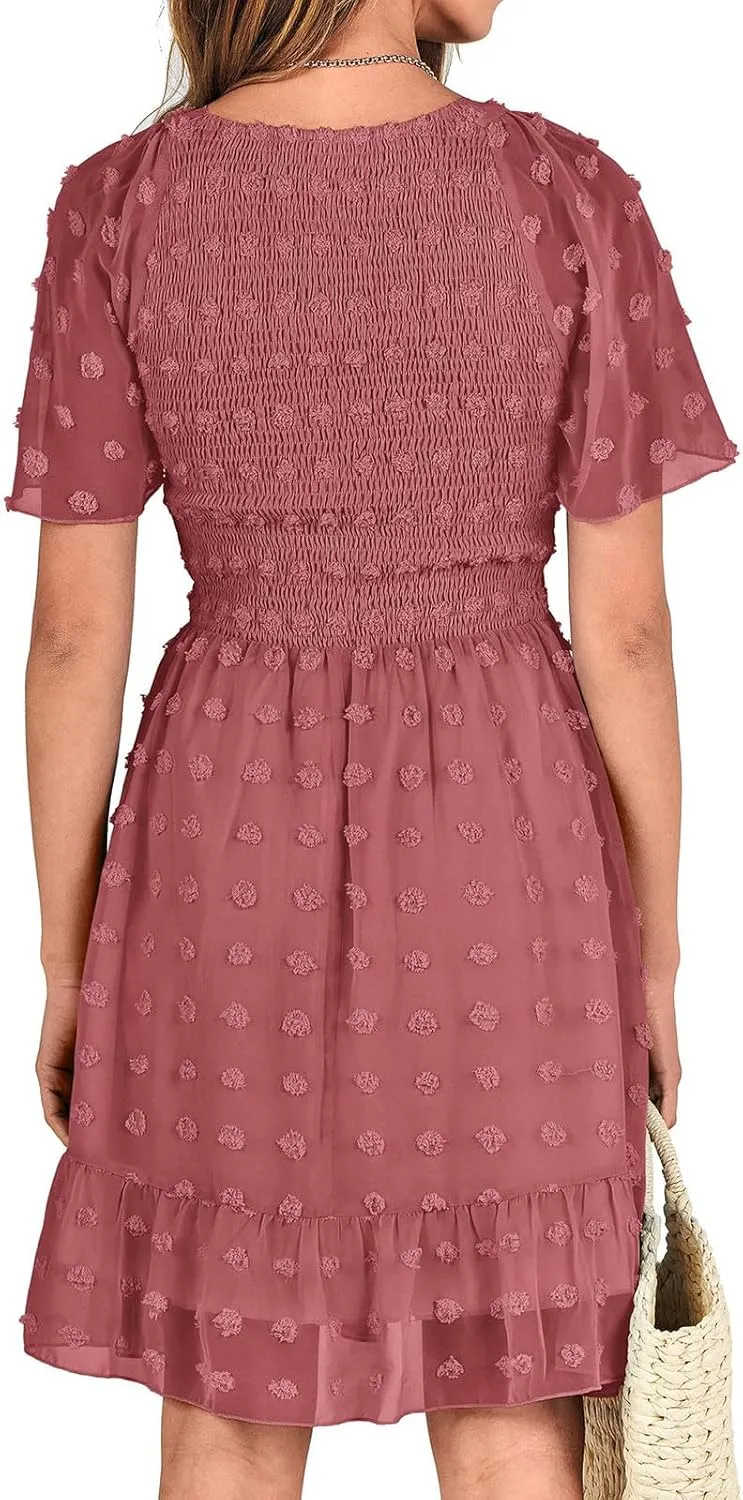 Womens Summer Dresses Short Flutter Sleeve v Neck Dresses Casual Empire Waist A-Line Dresses Mini Vacation Sundresses
