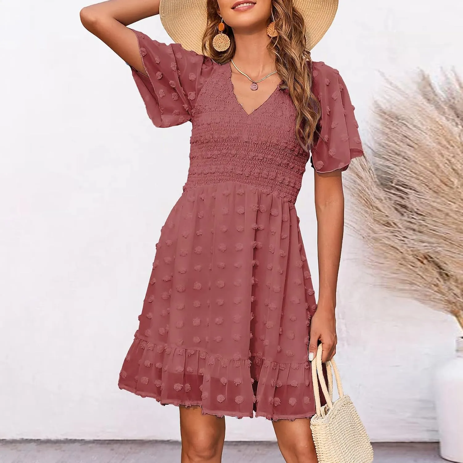 Womens Summer Dresses Short Flutter Sleeve v Neck Dresses Casual Empire Waist A-Line Dresses Mini Vacation Sundresses