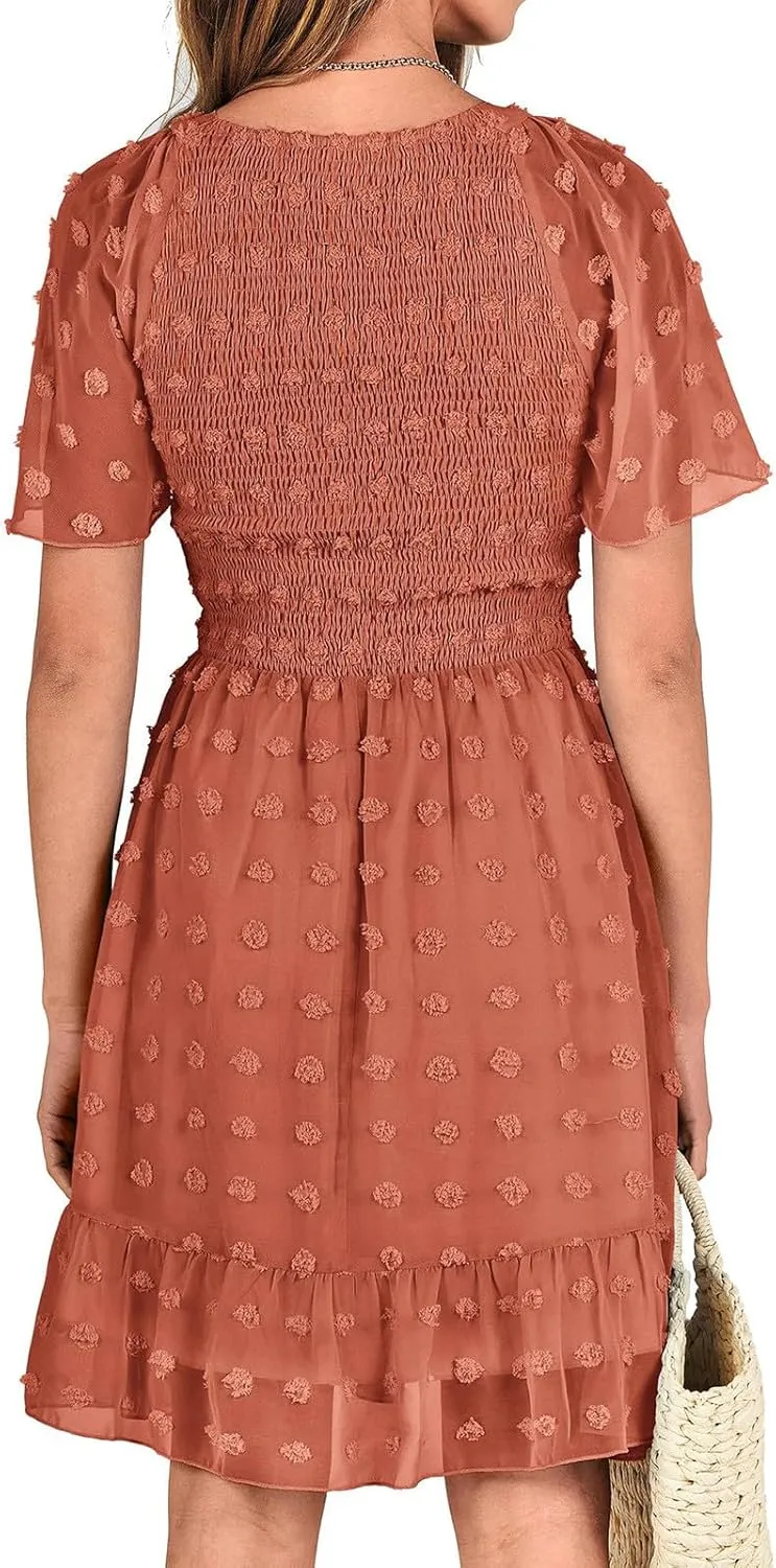 Womens Summer Dresses Short Flutter Sleeve v Neck Dresses Casual Empire Waist A-Line Dresses Mini Vacation Sundresses