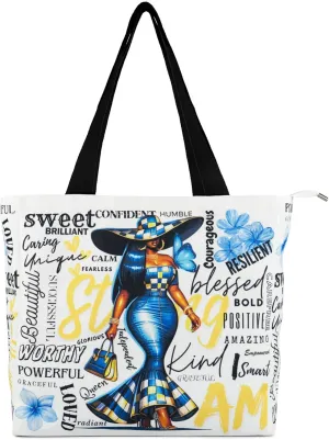Women's Tote Bag with Zipper, Thick Canvas, Vibrant Print, Wide Strap - Reusable Shopping Bag for Work & Daily