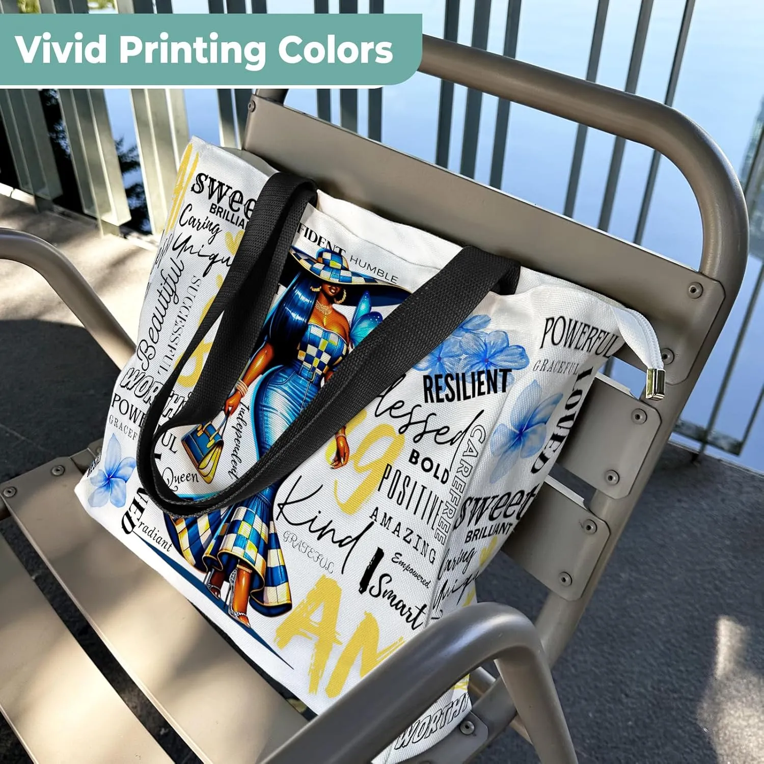 Women's Tote Bag with Zipper, Thick Canvas, Vibrant Print, Wide Strap - Reusable Shopping Bag for Work & Daily
