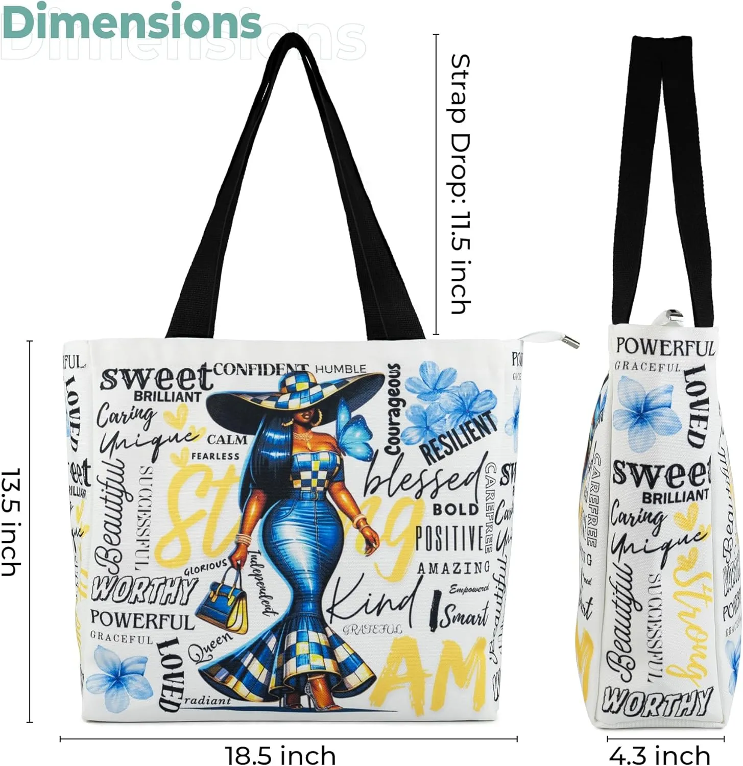 Women's Tote Bag with Zipper, Thick Canvas, Vibrant Print, Wide Strap - Reusable Shopping Bag for Work & Daily