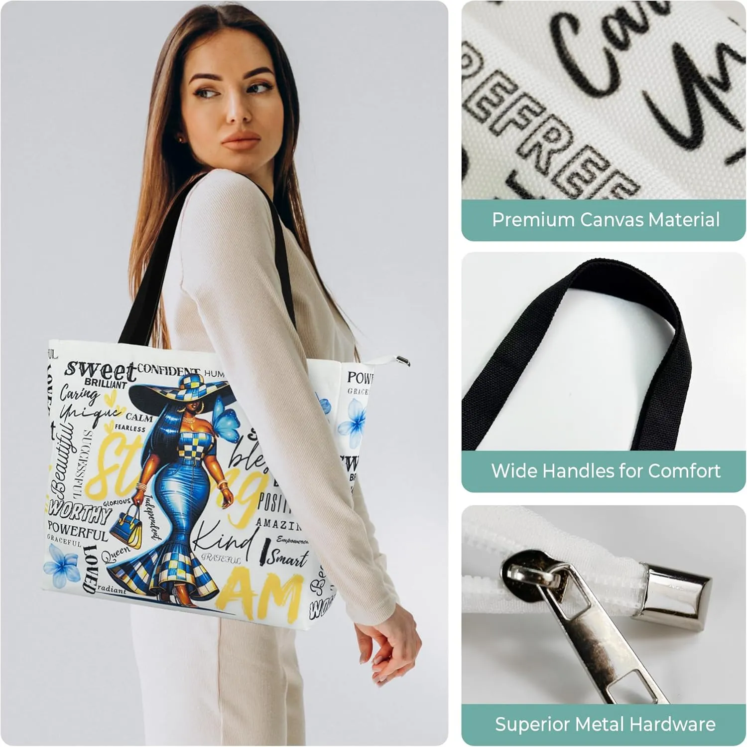 Women's Tote Bag with Zipper, Thick Canvas, Vibrant Print, Wide Strap - Reusable Shopping Bag for Work & Daily