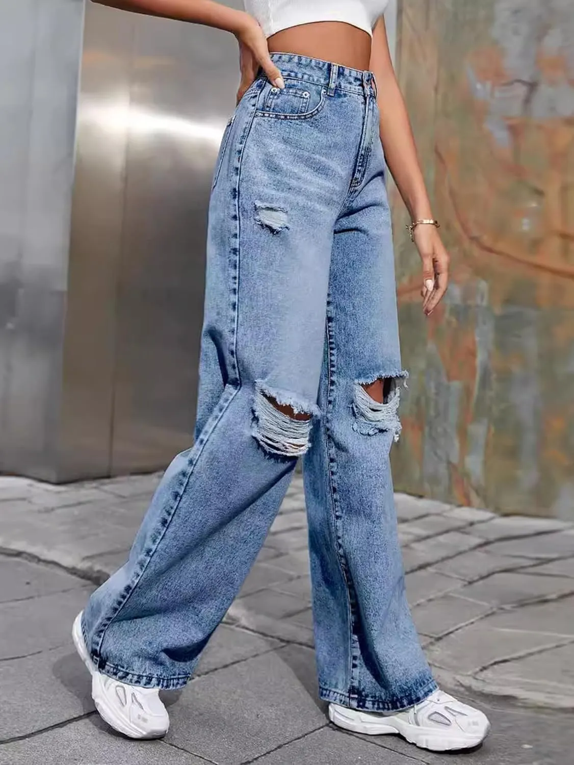 Women's Wide Leg Ripped Baggy Jeans Distressed Stretchy High Waist Loose Fit Boyfriend Denim Pants Y2K