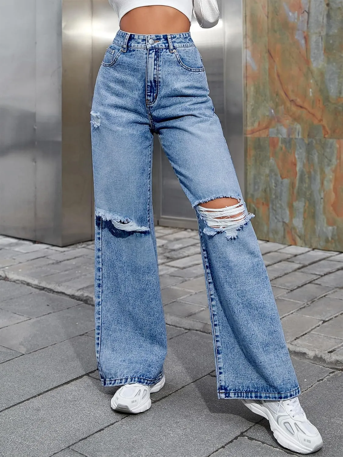 Women's Wide Leg Ripped Baggy Jeans Distressed Stretchy High Waist Loose Fit Boyfriend Denim Pants Y2K