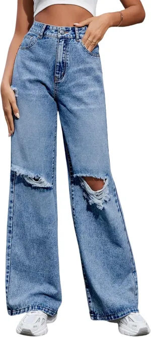 Women's Wide Leg Ripped Baggy Jeans Distressed Stretchy High Waist Loose Fit Boyfriend Denim Pants Y2K