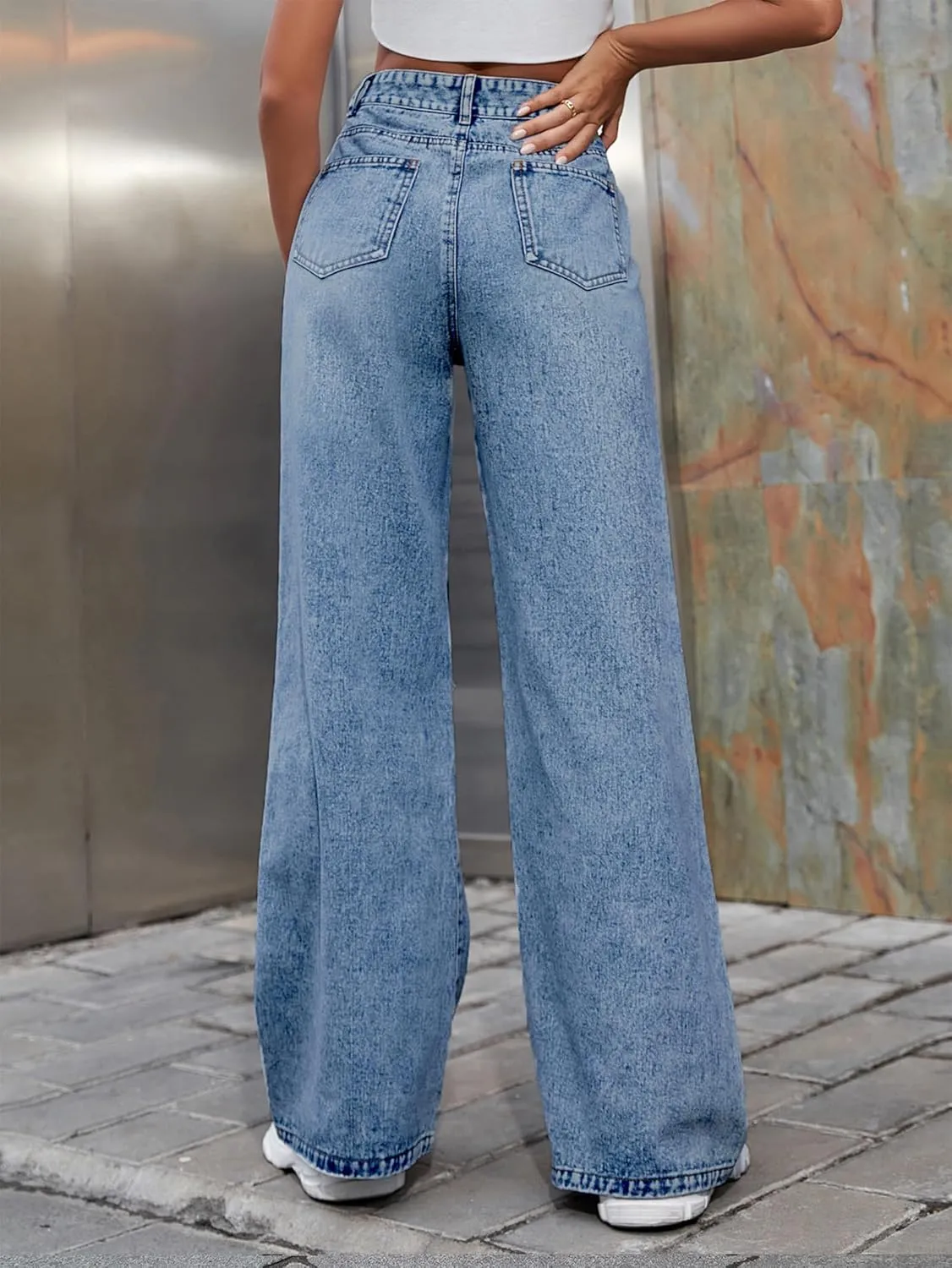 Women's Wide Leg Ripped Baggy Jeans Distressed Stretchy High Waist Loose Fit Boyfriend Denim Pants Y2K