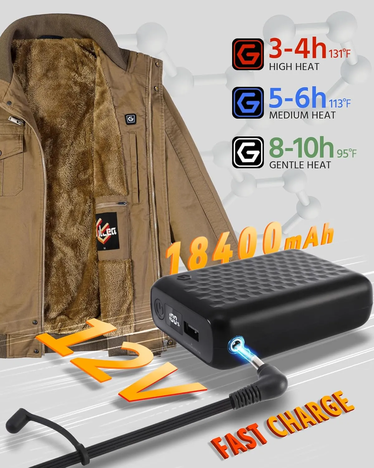 Wulcea Graphene Heated Jacket for Men 12V Fast Charge 18400mAh Large Capacity