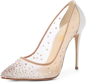 XYD Rhinestones Studded Stiletto High Heels Mesh Pumps for Women Slip On Pointed Toe Evening Wedding Dress Shoes