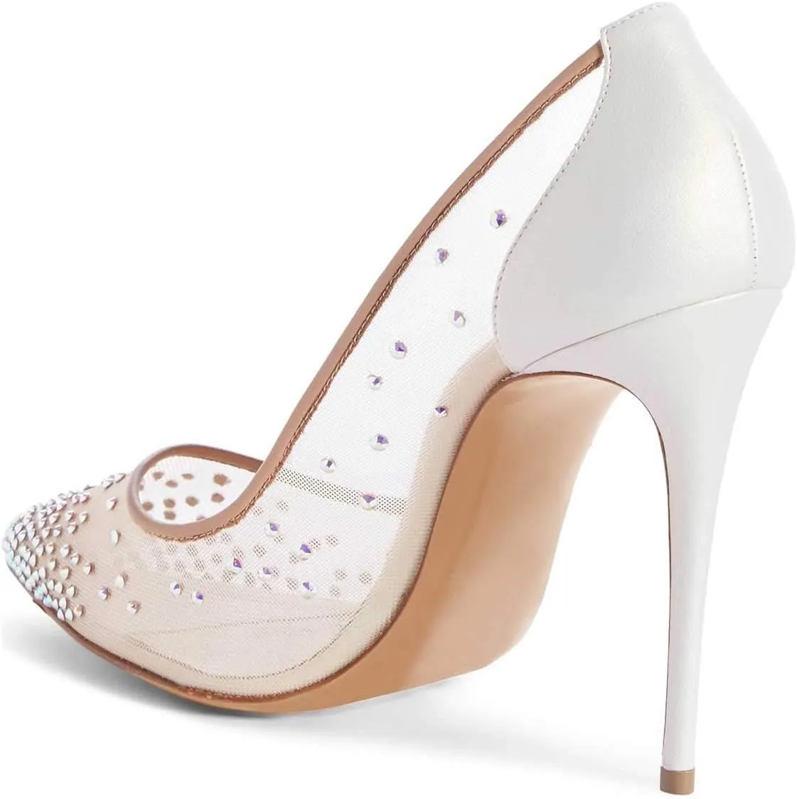 XYD Rhinestones Studded Stiletto High Heels Mesh Pumps for Women Slip On Pointed Toe Evening Wedding Dress Shoes