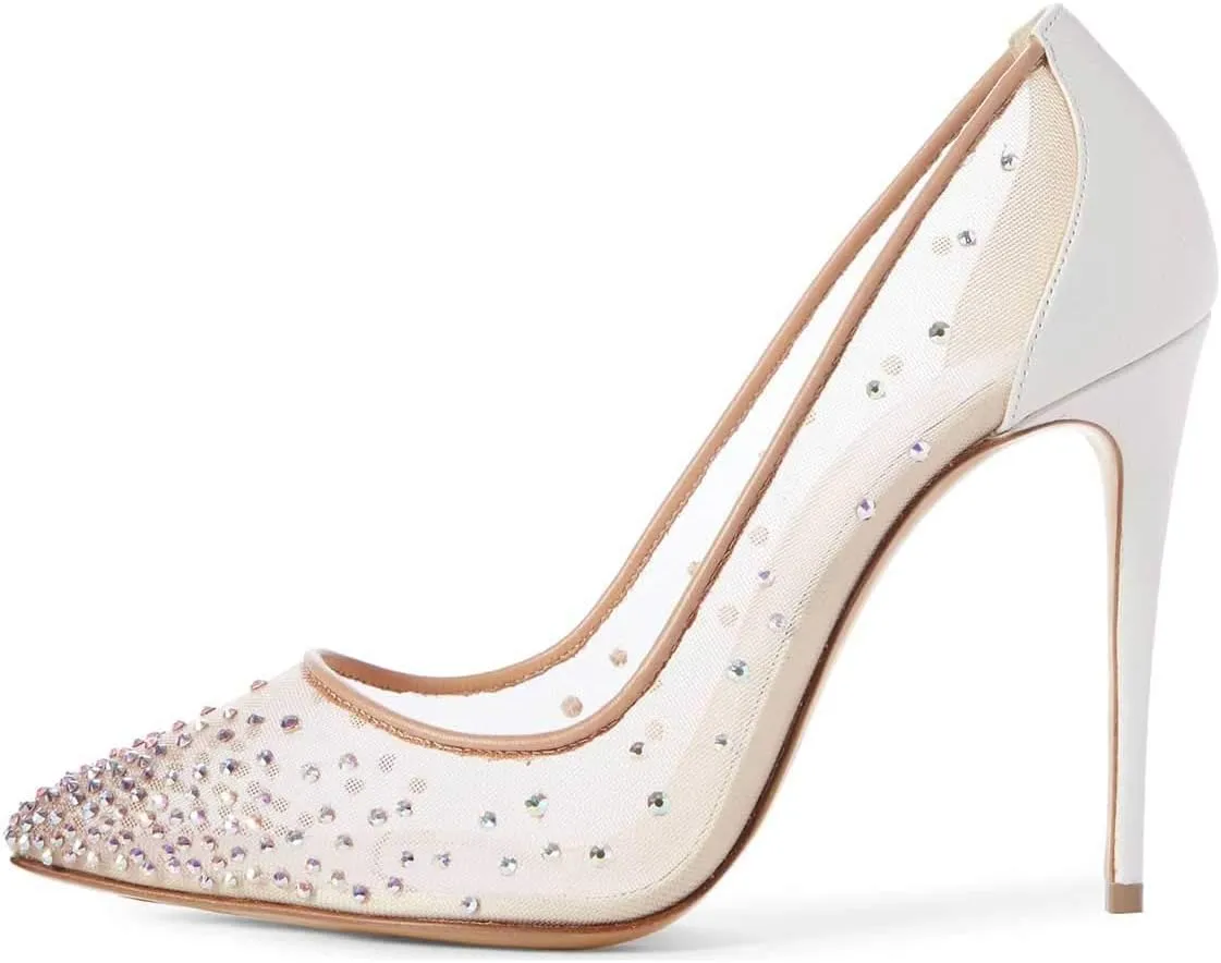 XYD Rhinestones Studded Stiletto High Heels Mesh Pumps for Women Slip On Pointed Toe Evening Wedding Dress Shoes