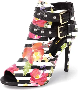 XYD Women Chic Studs Peep Toe Ankle Bootie High Heel Pumps Buckled Double Straps Cutout Fashion Party Shoes