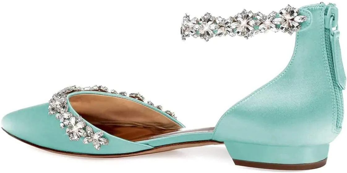 XYD Women Classic Pointed Toe D'Orsay Wedding Flat Sandals Sparkly Rhinestones Ankle Strap Low Heel Dress Shoes with Zipper