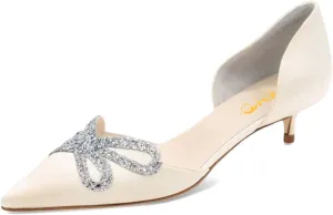 XYD Women Low Heel Slip On Pumps for Bride Bridal D'Orsay Two-Piece Pointed Toe Sandals Butterfly Shape Rhinestone Dress Casual Kitten Shoes