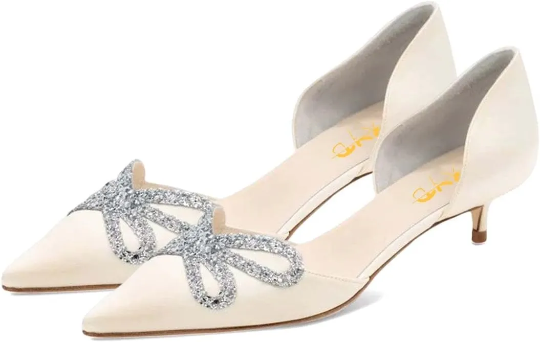 XYD Women Low Heel Slip On Pumps for Bride Bridal D'Orsay Two-Piece Pointed Toe Sandals Butterfly Shape Rhinestone Dress Casual Kitten Shoes