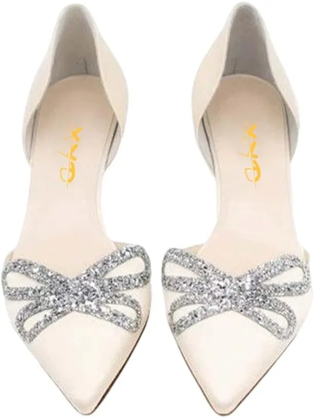 XYD Women Low Heel Slip On Pumps for Bride Bridal D'Orsay Two-Piece Pointed Toe Sandals Butterfly Shape Rhinestone Dress Casual Kitten Shoes