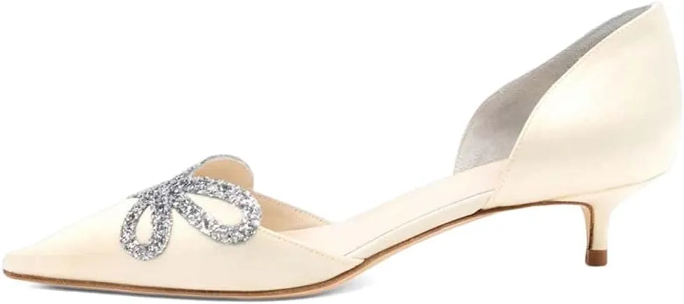 XYD Women Low Heel Slip On Pumps for Bride Bridal D'Orsay Two-Piece Pointed Toe Sandals Butterfly Shape Rhinestone Dress Casual Kitten Shoes