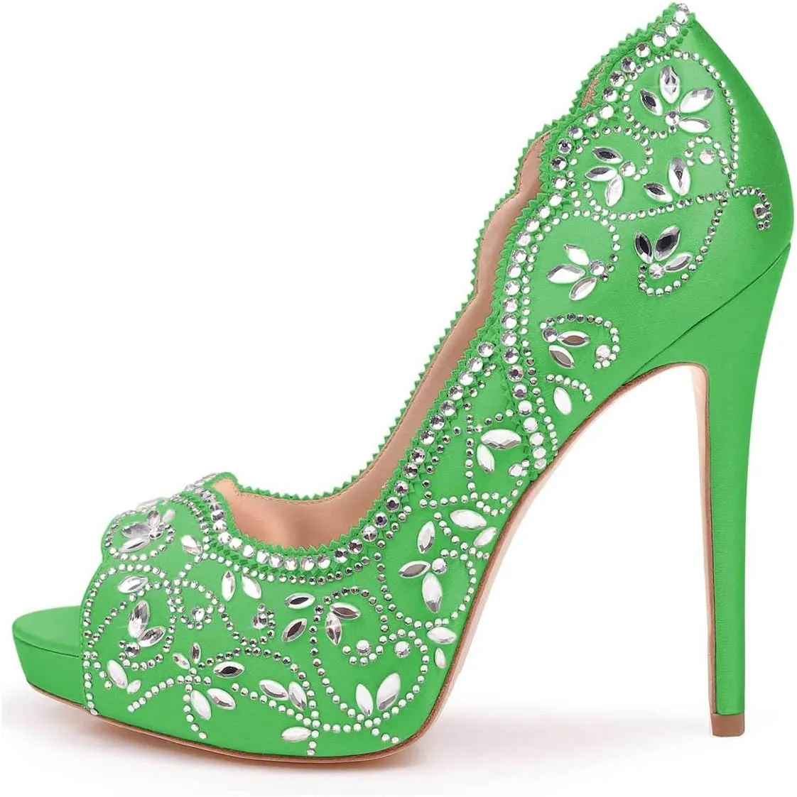 XYD Women Peep Toe Platform Rhinestones Studded Bridal Pumps Satin Stiletto Heels Slip On Wedding Bride Shoes