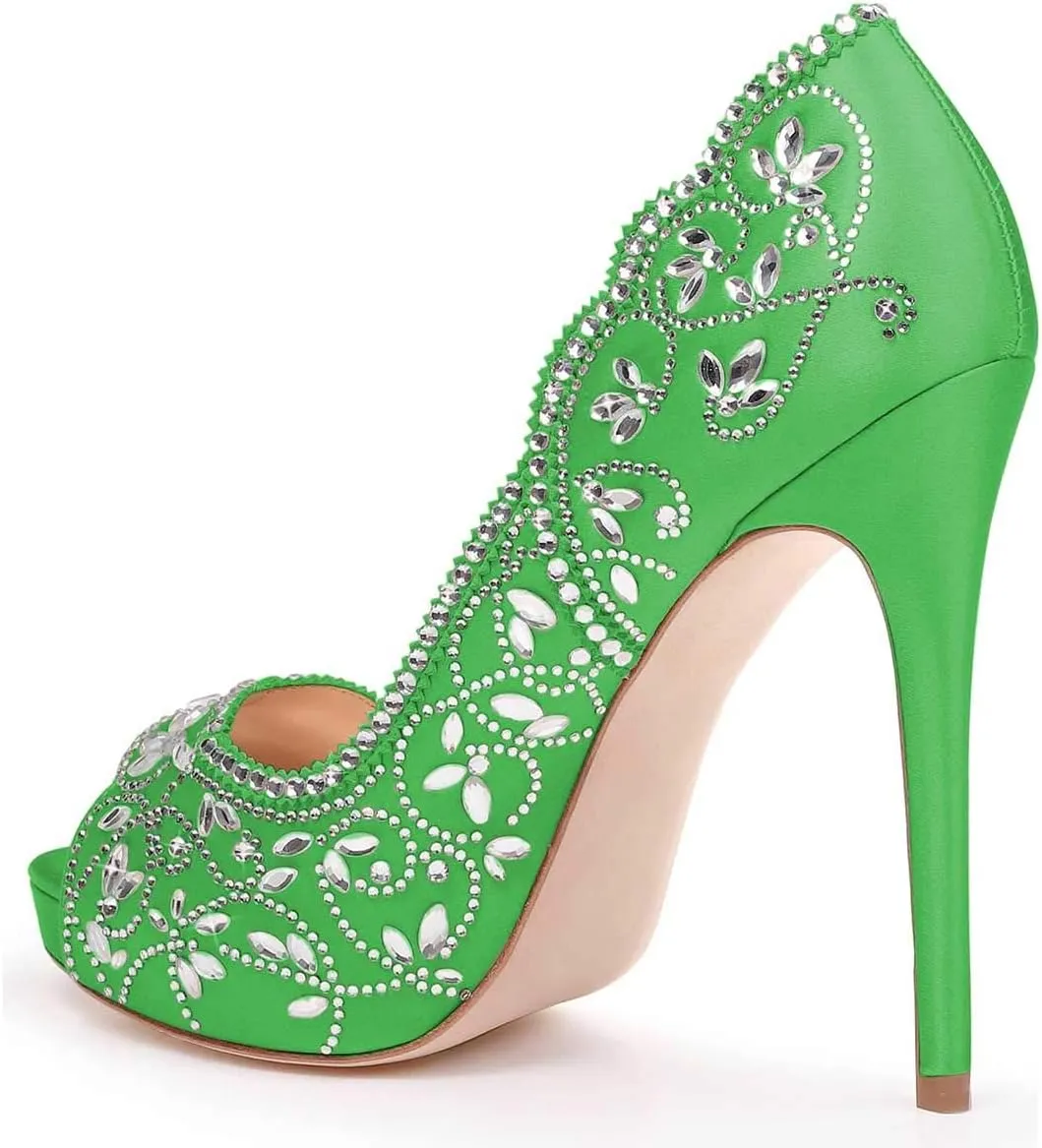 XYD Women Peep Toe Platform Rhinestones Studded Bridal Pumps Satin Stiletto Heels Slip On Wedding Bride Shoes