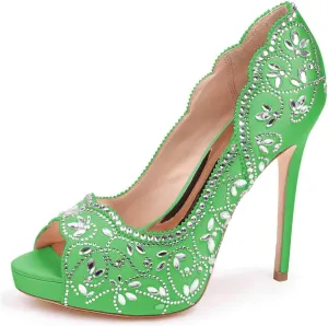 XYD Women Peep Toe Platform Rhinestones Studded Bridal Pumps Satin Stiletto Heels Slip On Wedding Bride Shoes