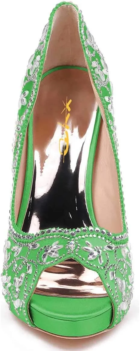 XYD Women Peep Toe Platform Rhinestones Studded Bridal Pumps Satin Stiletto Heels Slip On Wedding Bride Shoes