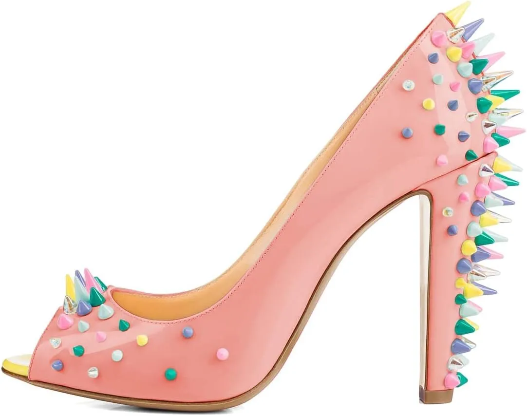 XYD Women Sexy Peep Toe Rivets Studded Slip On Pumps High Chunky Heel Nightclub Retro Party Dress Shoes