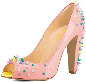 XYD Women Sexy Peep Toe Rivets Studded Slip On Pumps High Chunky Heel Nightclub Retro Party Dress Shoes
