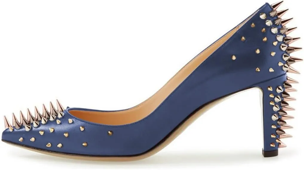 XYD Women Spikes Mid Heel Studded Pumps Pointed Closed Toe Rivets Slip On Edgy Party Dress Shoes