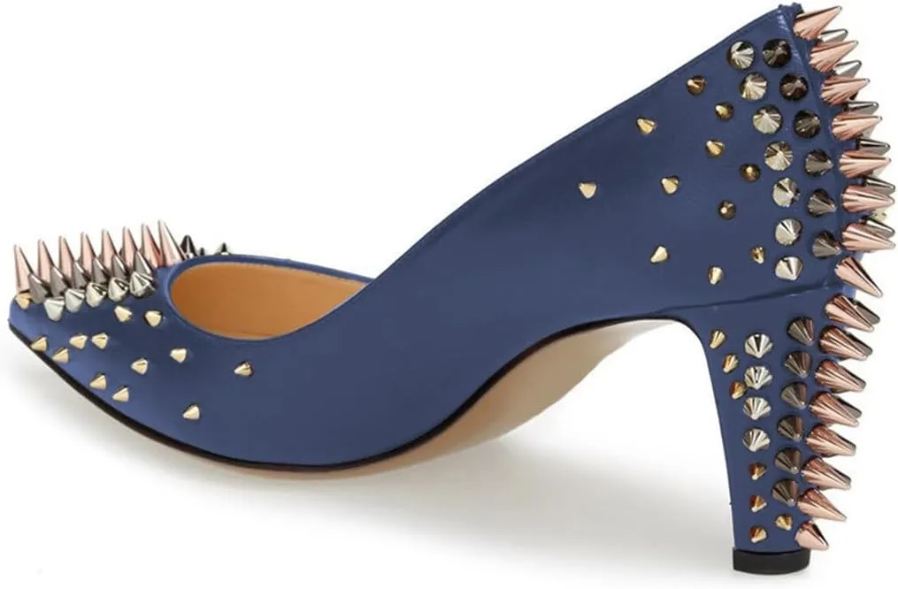 XYD Women Spikes Mid Heel Studded Pumps Pointed Closed Toe Rivets Slip On Edgy Party Dress Shoes