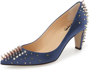 XYD Women Spikes Mid Heel Studded Pumps Pointed Closed Toe Rivets Slip On Edgy Party Dress Shoes